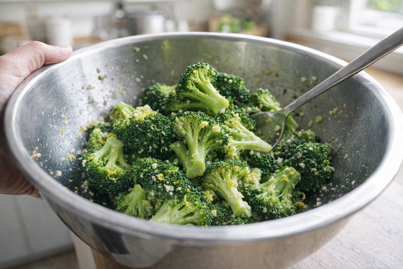 A close-up shot of fresh broccoli florets being tossed in a stainless steel bowl with olive oil, minced garlic, and lemon zest, bright kitchen lighting